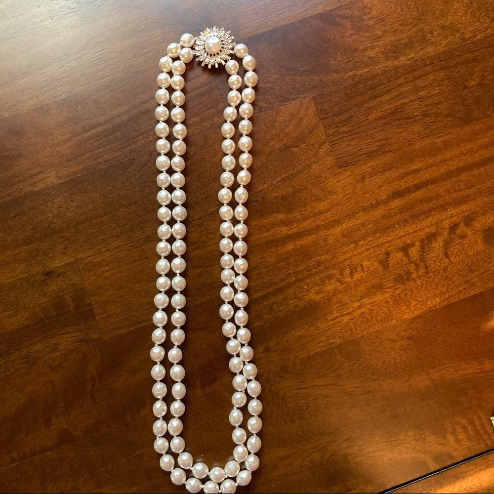 2 Strand Baroque Faux Pearls w/Crystal Cut Clasp.